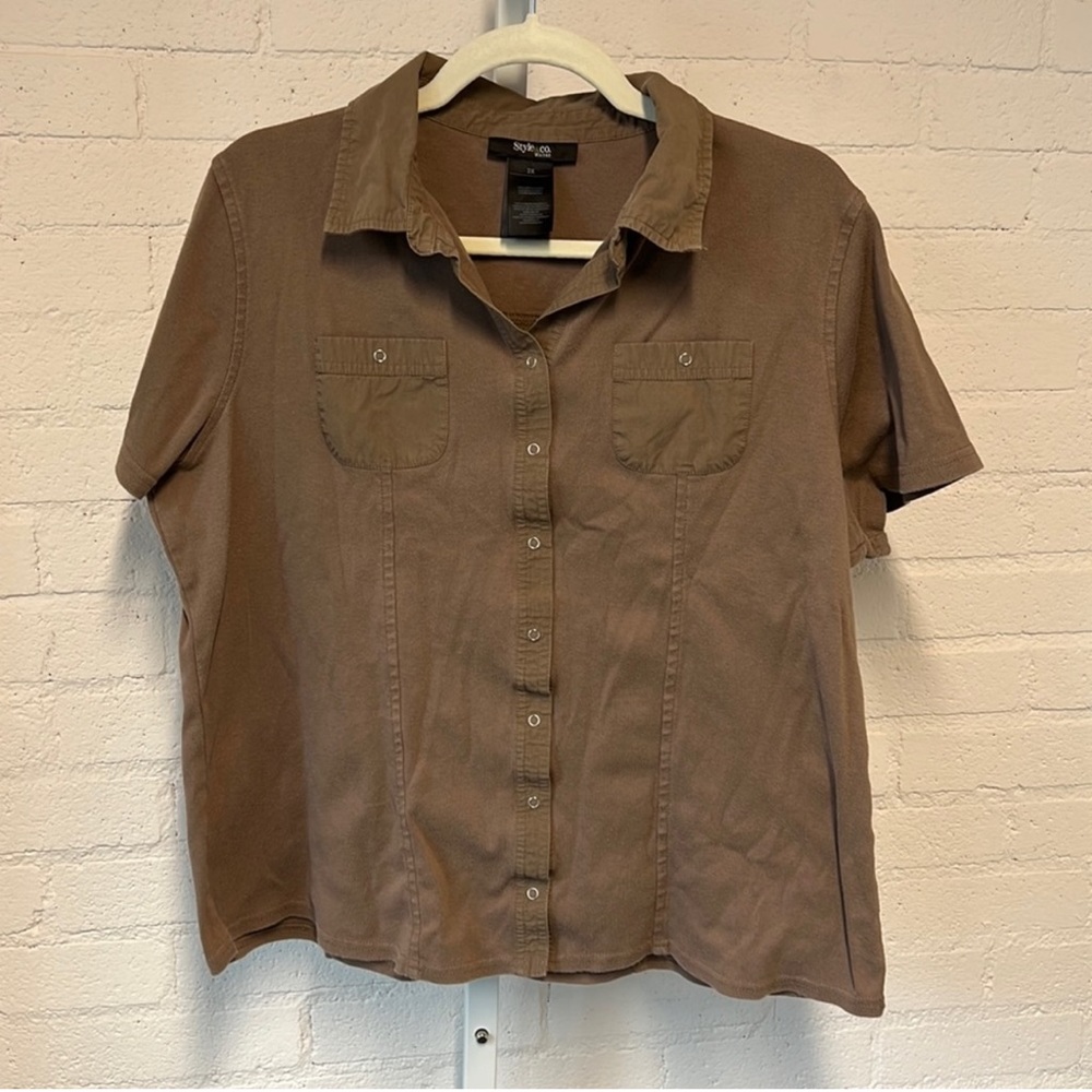 Style & Co. Tan Short Sleeve Button Up Shirt